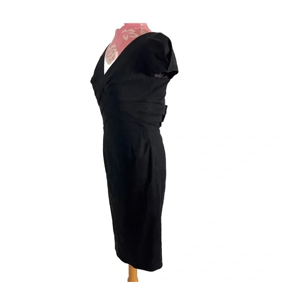 Rebecca Taylor Cross Front Pencil Formal Black Wool Linen Midi Dress button Up - Picture 3 of 8